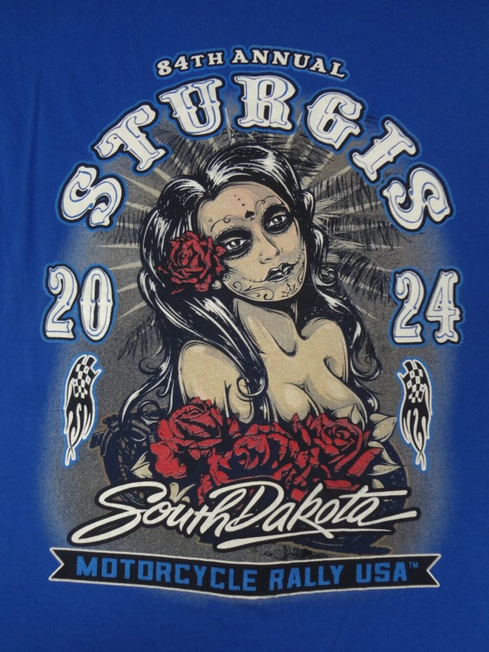STURGIS S DAKOTA MOTORCYCLE RALLY SUGAR SKULL - BLUE 2XL WOMENS T-SHIRT L719